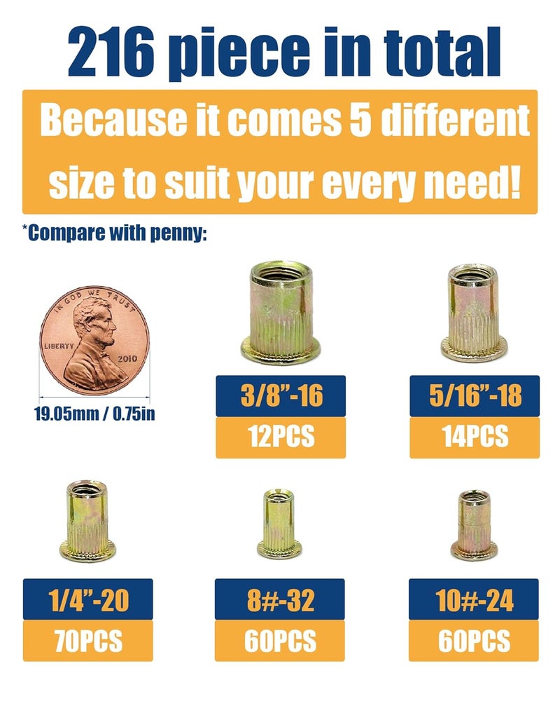ELEFOCUS SAE 216Pcs Rivet Nut Assortment Kit Carbon Steel, Yellow Zinc Plated, Various Sizes #8-32, #10-24, 1/4"-20, 3/8"-16, 5/16"-18 UNC Rivet nut Threads - Image 3
